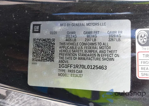 2020 Chevrolet Camaro Rwd Lt1 from USA, damaged, VIN 1G1FF1R70L0125463